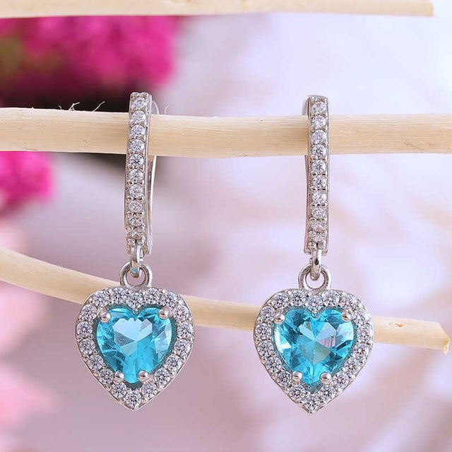 Drop Earrings - Sterling Silver Aqua Heart Halo Dangle