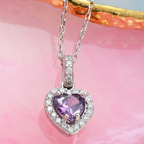 Sterling Silver Amethyst Heart Halo Pendant Necklace - Elegant & Dainty
