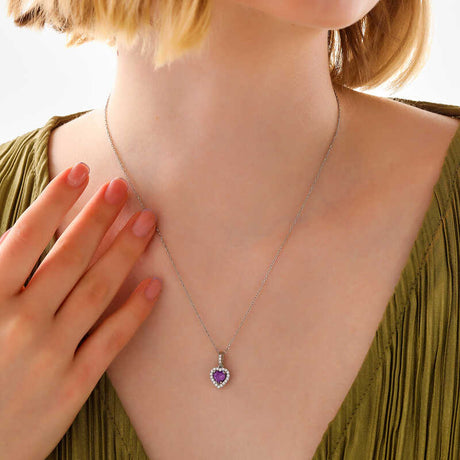Sterling Silver Amethyst Heart Halo Pendant Necklace - Elegant & Dainty