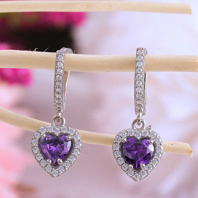 Sterling Silver - Purple Amethyst Heart Halo Drop Earrings