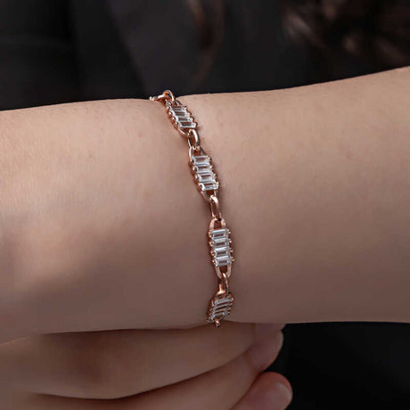 Bracelet - Rose Gold Plated Sterling Silver Baguette Zirconia Link