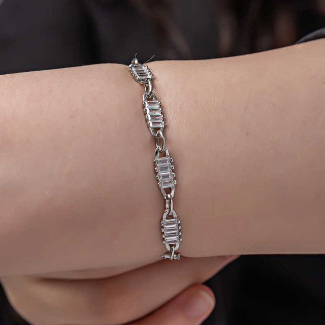 Sterling Silver - Baguette Cut Zirconia Link Bracelet
