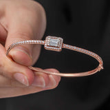 Hinged Bangle Bracelet - Rose Gold Tone Clear Baguette & Halo Stones