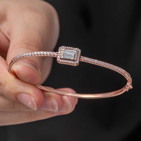 Hinged Bangle Bracelet - Rose Gold Tone Clear Baguette & Halo Stones