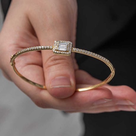 Bangle Bracelet - Gold-Tone Baguette & Pavé CZ Elegant Statement Sparkle