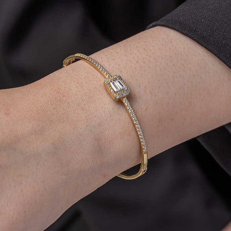 Bangle Bracelet - Gold-Tone Baguette & Pavé CZ Elegant Statement Sparkle