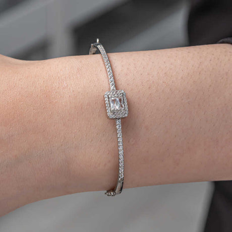 Bangle Bracelet - Sterling Silver Square CZ & Pave Design