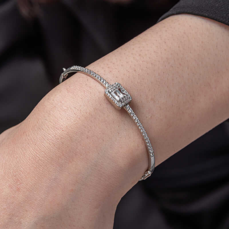 Bangle Bracelet - Sterling Silver Square CZ & Pave Design