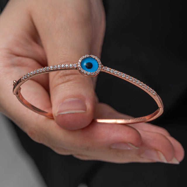 Rose Gold Plated Evil Eye Bangle Bracelet - Dainty Cubic Zirconia
