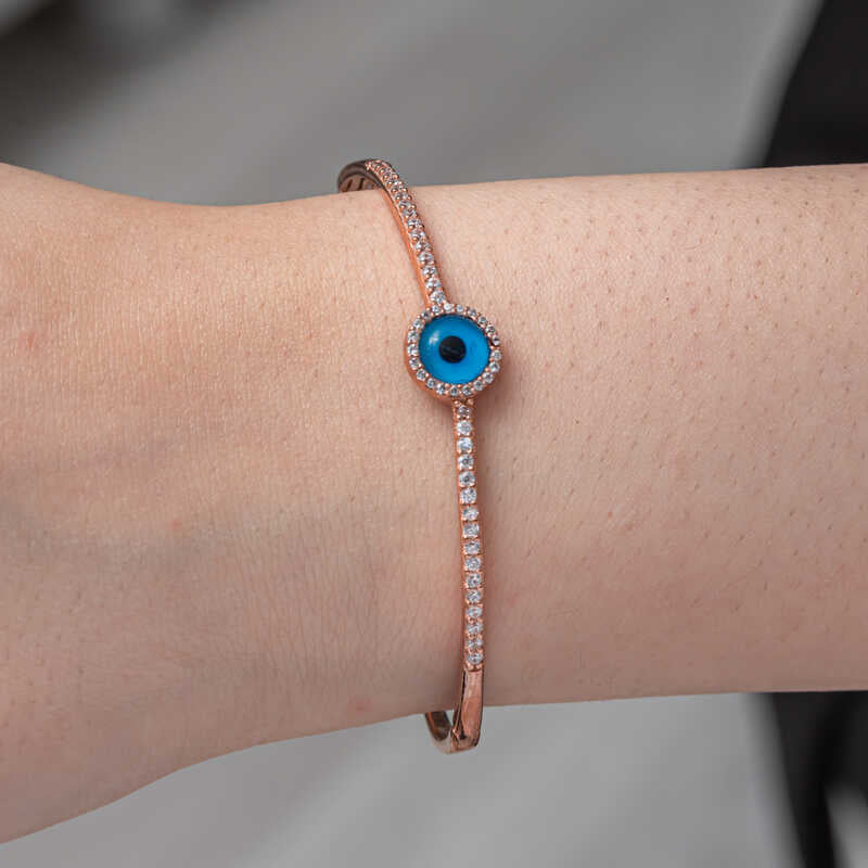 Rose Gold Plated Evil Eye Bangle Bracelet - Dainty Cubic Zirconia