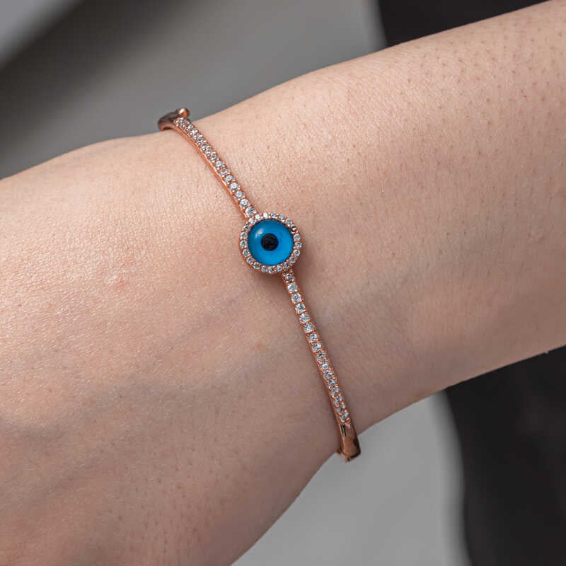 Rose Gold Plated Evil Eye Bangle Bracelet - Dainty Cubic Zirconia