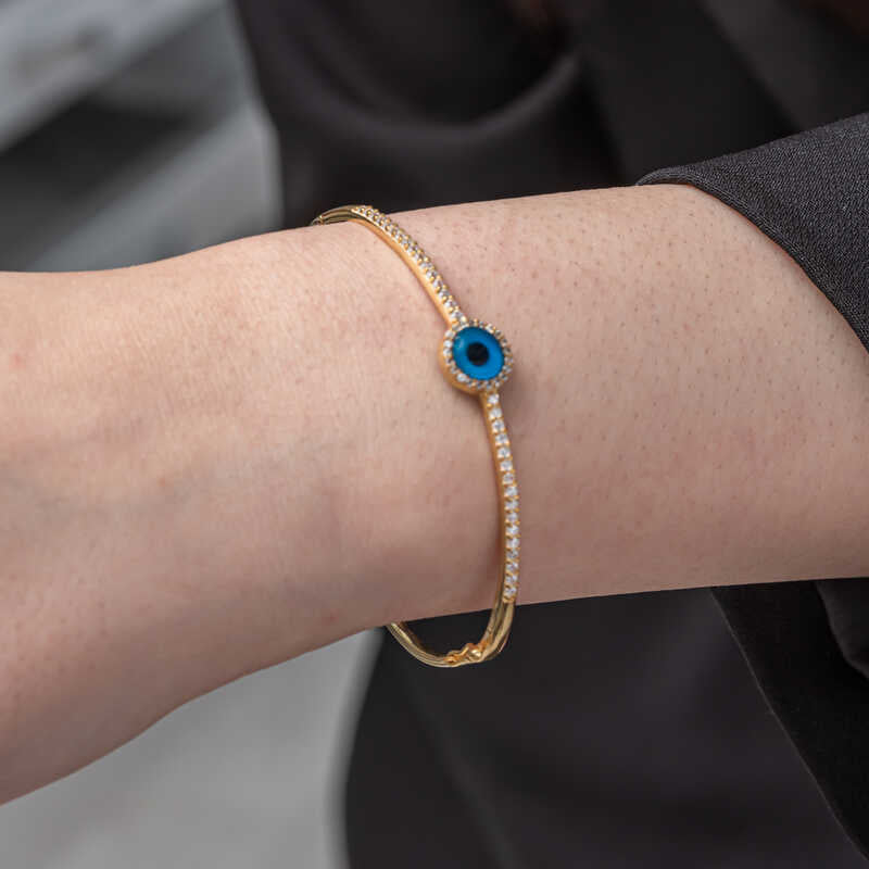Bangle Bracelet - Gold-Tone Evil Eye & Pave CZ Charm