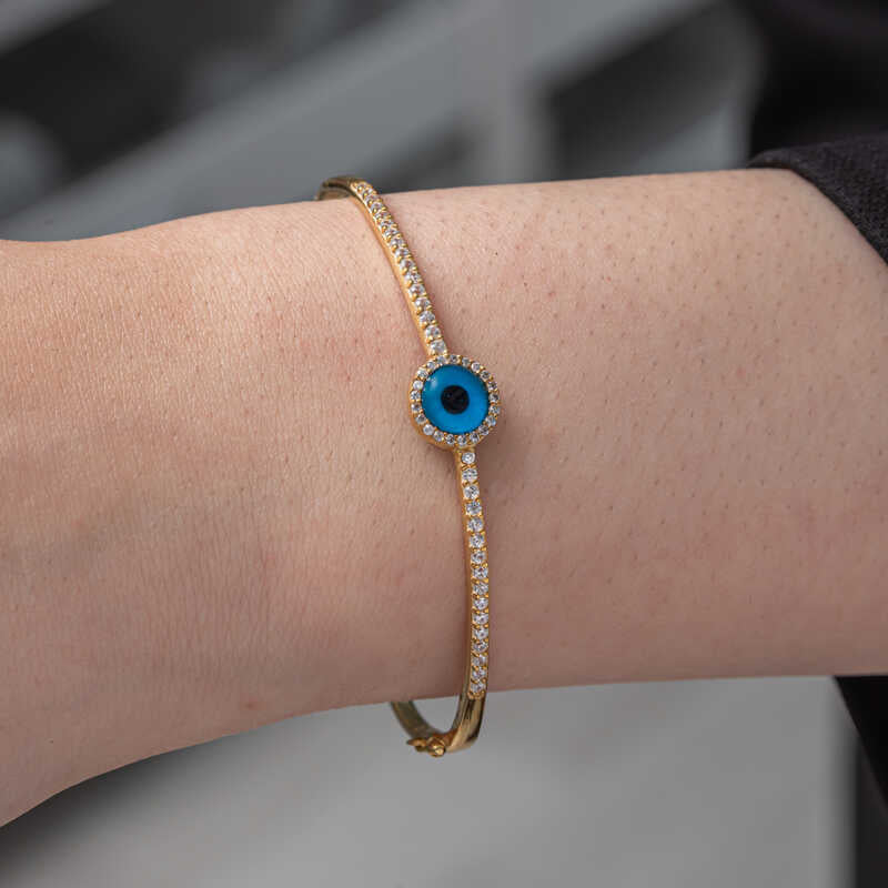 Bangle Bracelet - Gold-Tone Evil Eye & Pave CZ Charm