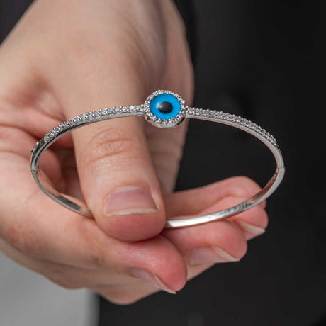 Sterling Silver Evil Eye Bangle Bracelet - Pave Zirconia