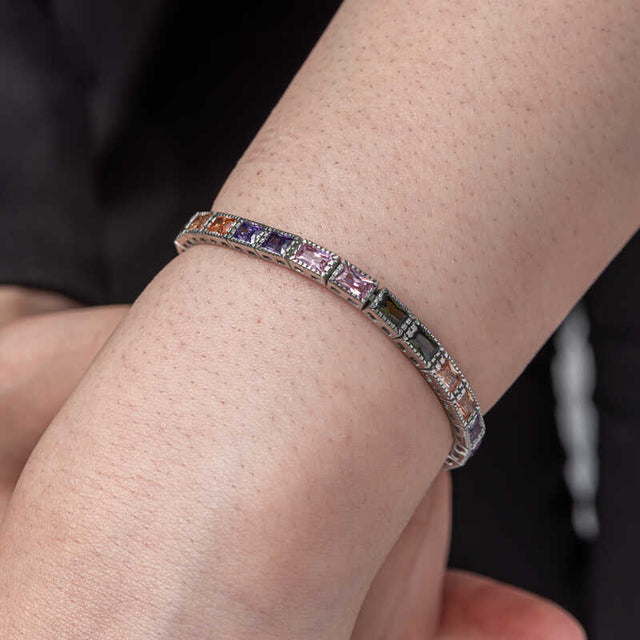 Sterling Silver Mixed Gemstone Tennis Bracelet - Elegant Multi-Color