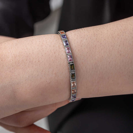 Sterling Silver Mixed Gemstone Tennis Bracelet - Elegant Multi-Color