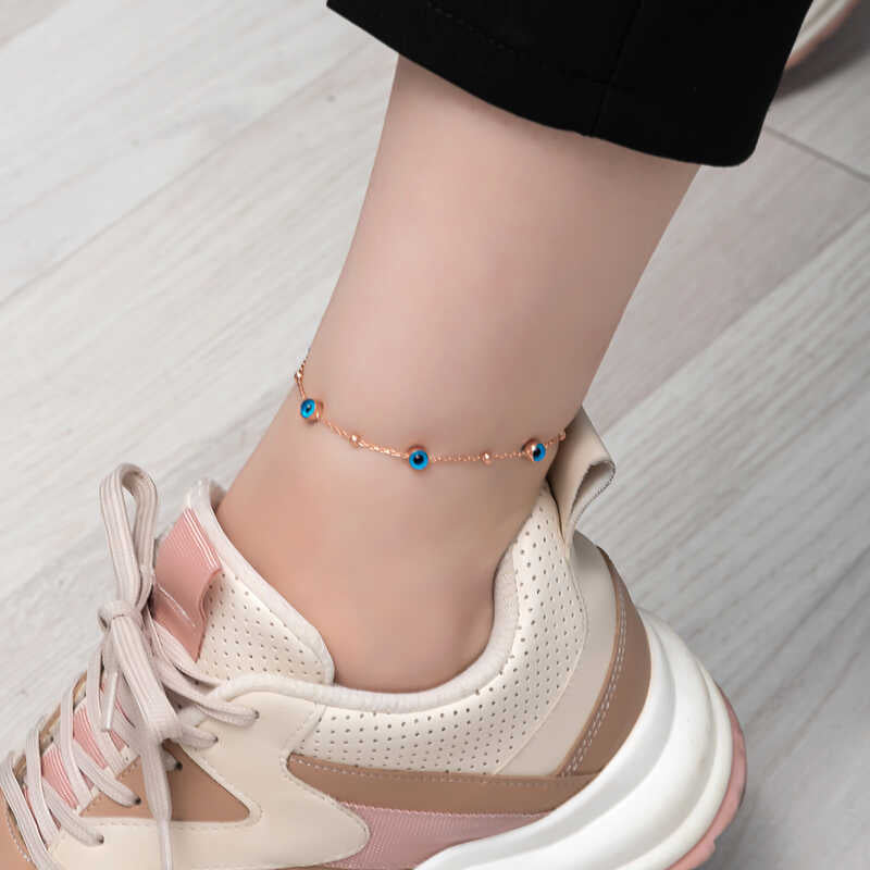 Kotník - Náramek na kotník s přívěskem zlé oko v růžově zlaté barvě pro ochranu