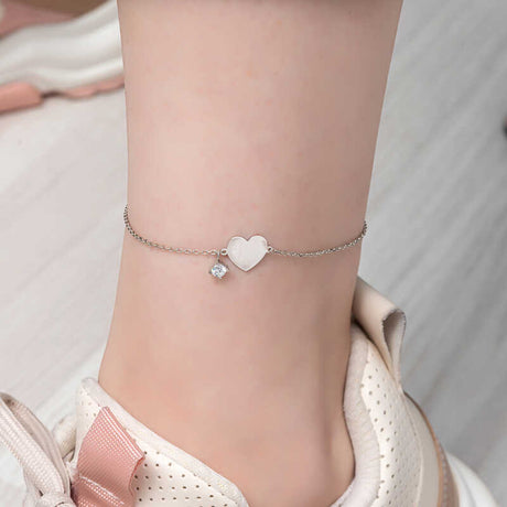Anklet - Sterling Silver Dainty Heart Charm with Sparkling Solitaire