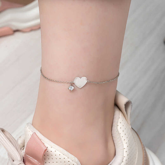 Anklet - Sterling Silver Dainty Heart Charm with Sparkling Solitaire