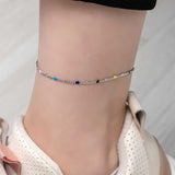 Anklet - Silver-Tone Dainty Chain with Colorful Enamel Beads