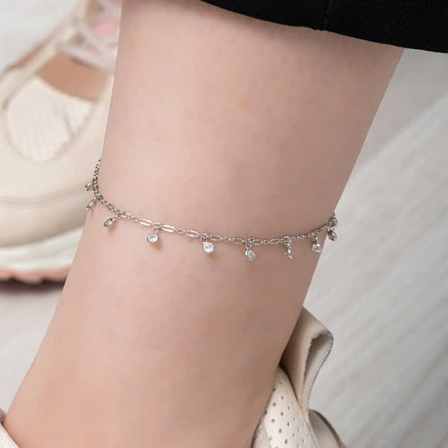 Sterling Silver Anklet - Dainty Zircon Stone Dangling Charm