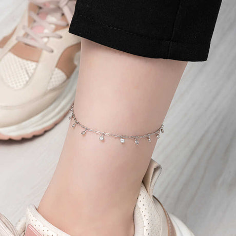 Sterling Silver Anklet - Dainty Zircon Stone Dangling Charm