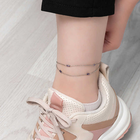 Double Chain Anklet - Silver-Tone with Dainty Purple Baguette Stones