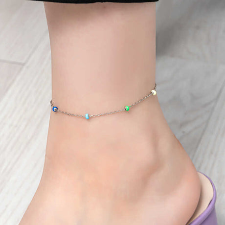 Dainty Silver-Tone Anklet - Colorful Enamel Beaded Chain