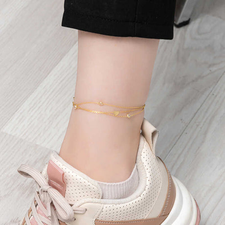Gold-Tone Layered Anklet - Dainty Heart Charm & Sparkling Zircon