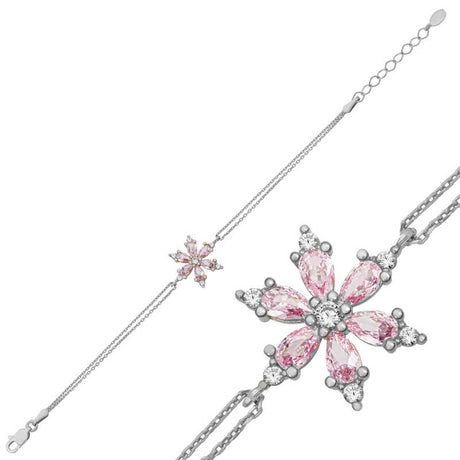 Dainty Sterling Silver Pink Lotus Flower Bracelet with Zirconia