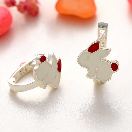 Sterling Silver Enamel Rabbit Hoop Earrings - Cute Kids Animal Jewelry