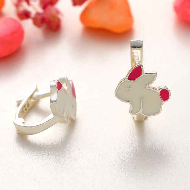 Kids' Earrings - Sterling Silver Enamel Rabbit Charm Huggie Hoops