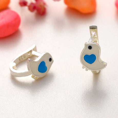Sterling Silver Enamel Bird Earrings - Cute Heart Design for Kids