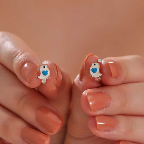 Sterling Silver Enamel Bird Earrings - Cute Heart Design for Kids