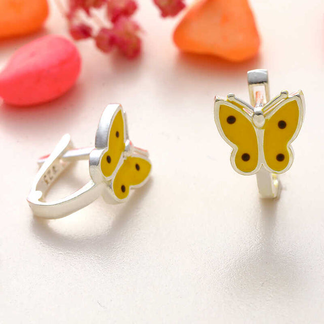 Sterling Silver Butterfly Huggie Earrings - Yellow Enamel Kids