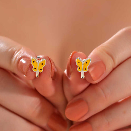 Sterling Silver Butterfly Huggie Earrings - Yellow Enamel Kids
