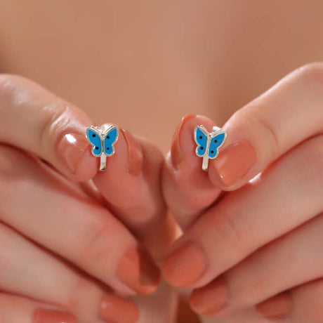 Sterling Silver Kids' Huggie Earrings - Blue Enamel Butterfly Design