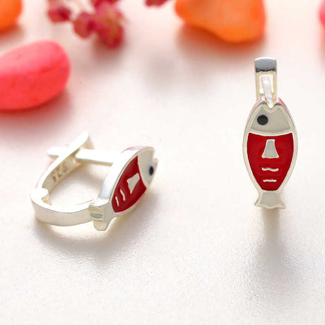 Sterling Silver Huggie Earrings - Playful Red Fish Design