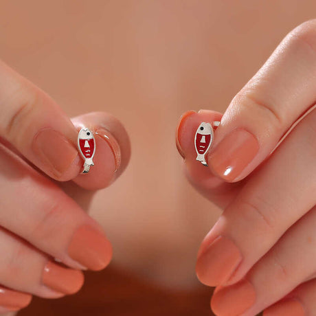 Sterling Silver Huggie Earrings - Playful Red Fish Design