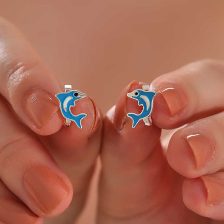 Children's Sterling Silver - Playful Blue Dolphin Enamel Earrings