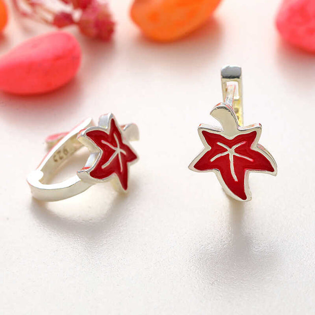 Sterling Silver Red Maple Leaf Huggie Earrings - Dainty Nature Charm