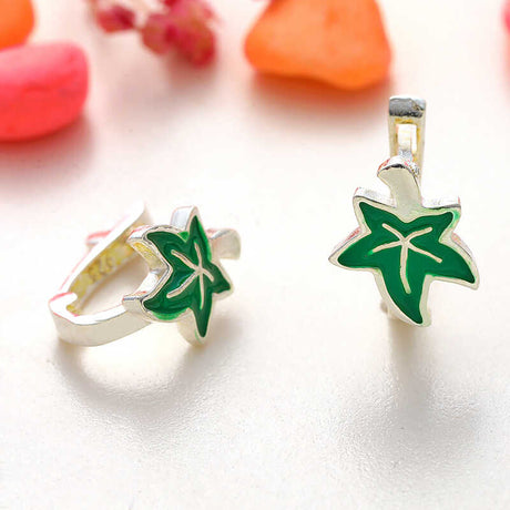 Sterling Silver - Green Enamel Ivy Leaf Huggie Earrings