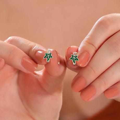 Sterling Silver - Green Enamel Ivy Leaf Huggie Earrings