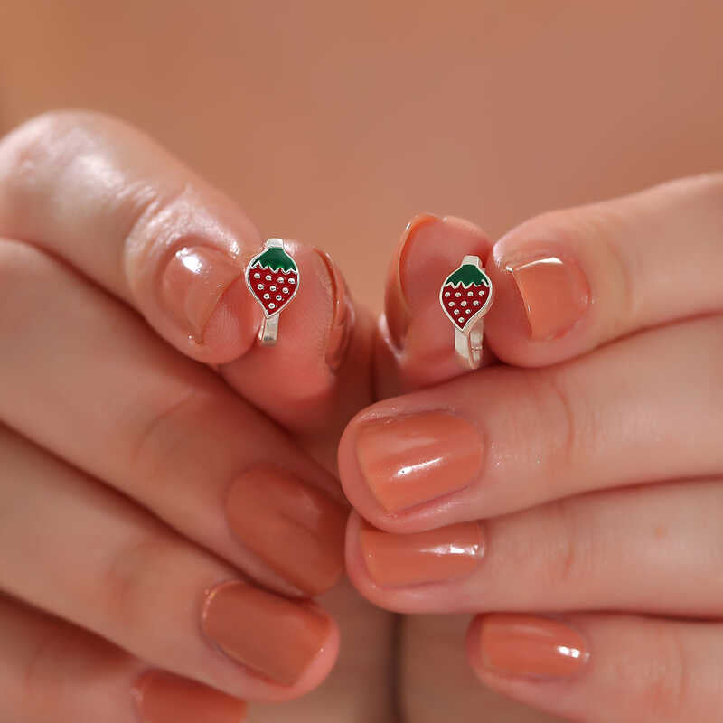 Pendientes para Niños - Aros de Plata de Ley con Fresa de Esmalte
