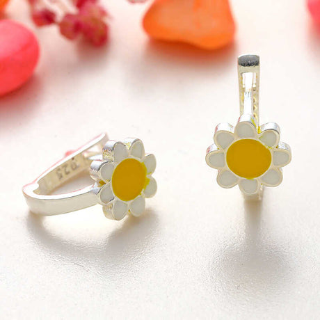 Sterling Silver Daisy Hoop Earrings - Adorable Enamel Floral Design