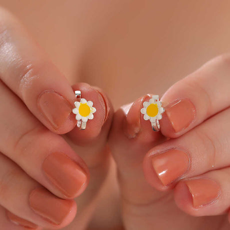 Sterling Silver Daisy Hoop Earrings - Adorable Enamel Floral Design