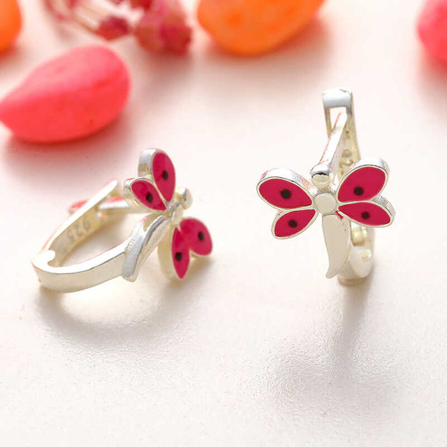 Hoop Earrings - Sterling Silver Pink Enamel Dragonfly Kids' Design