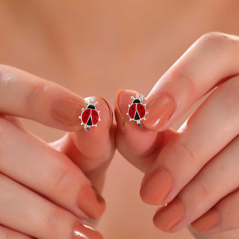 Sterling Silver Dainty Ladybug Enamel Charm Children's Earrings
