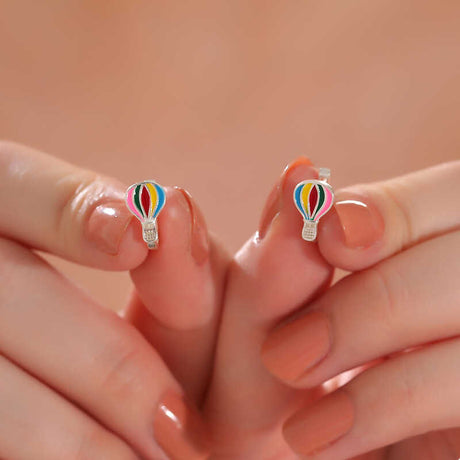 Kids' Earrings - Sterling Silver Colorful Hot Air Balloon Huggies
