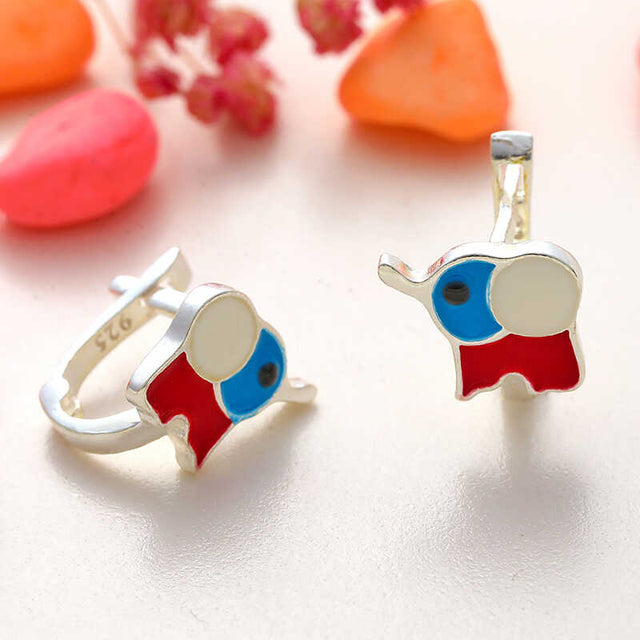 Sterling Silver Kids' Elephant Enamel Hoop Earrings